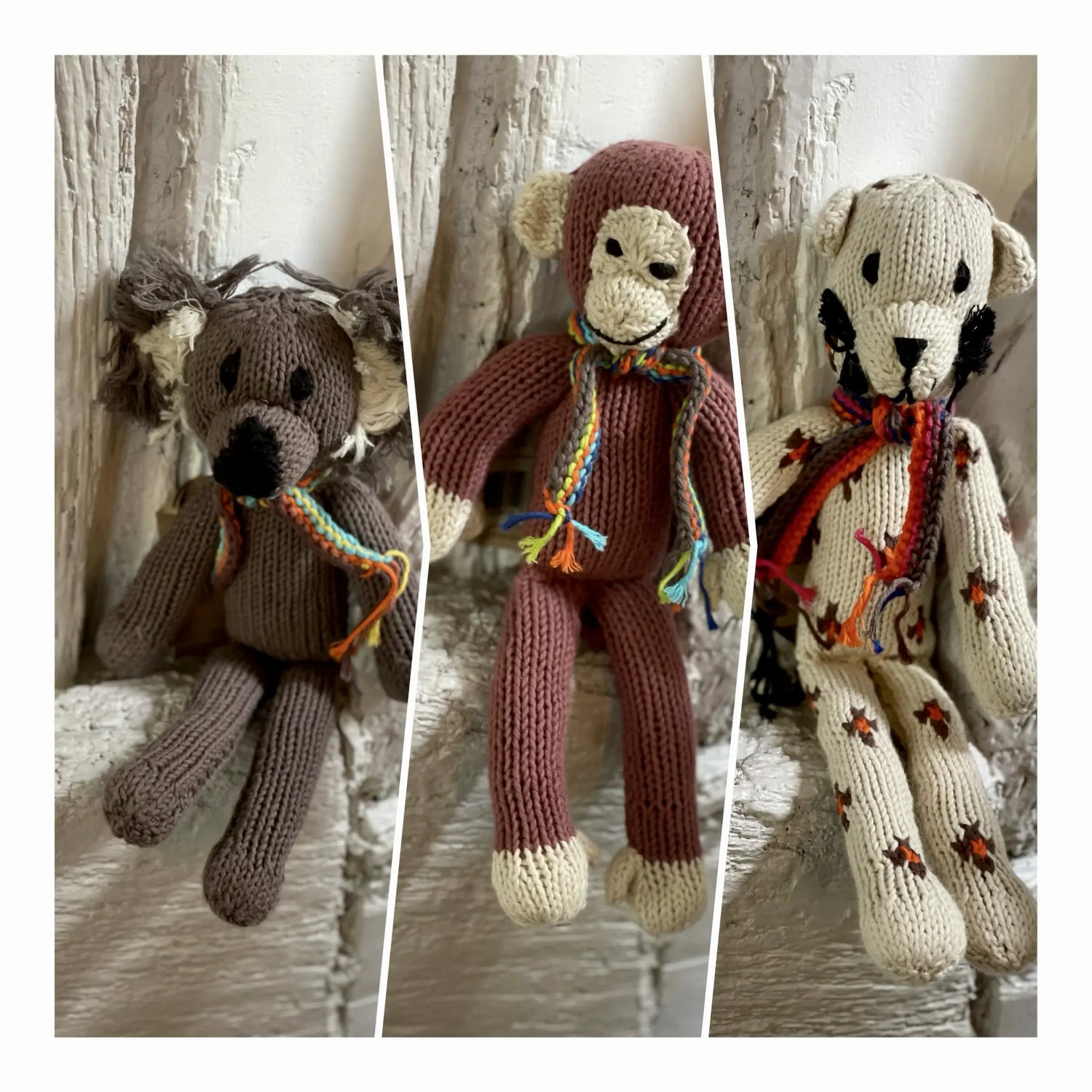 Petites peluches en coton bio certifié GOTS. Doudou koala NOAH, doudou singe JOSEPH, doudou léopard ERNEST - Studio Matongé - Kenana Knitters